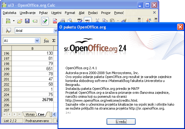 Прозорчић о програму са знаком sr.OpenOffice.org 2.4 и прозор Рачуна у позадини